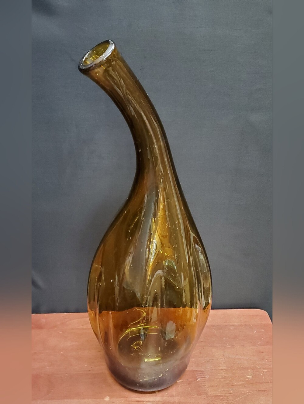 Vintage Very Large Amber Goose-Neck Italian Empoli Bottle Vase 20" Tall